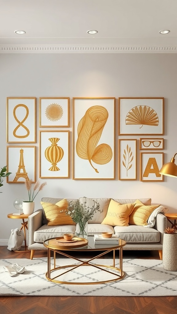 A cozy living room with gold and white themed artwork on the wall, featuring a sofa, decorative pillows, and a round coffee table.