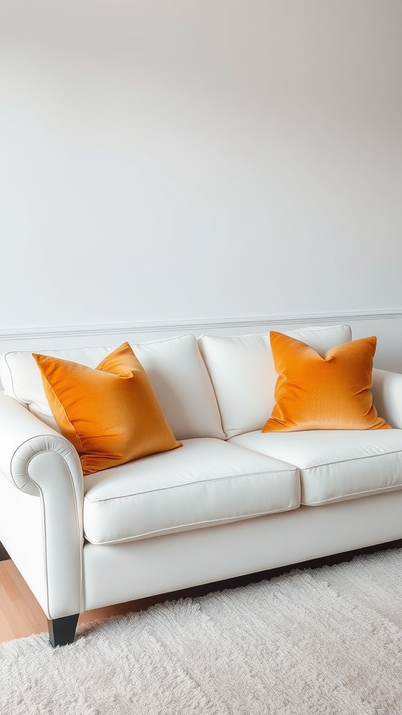 A white couch with gold decorative pillows