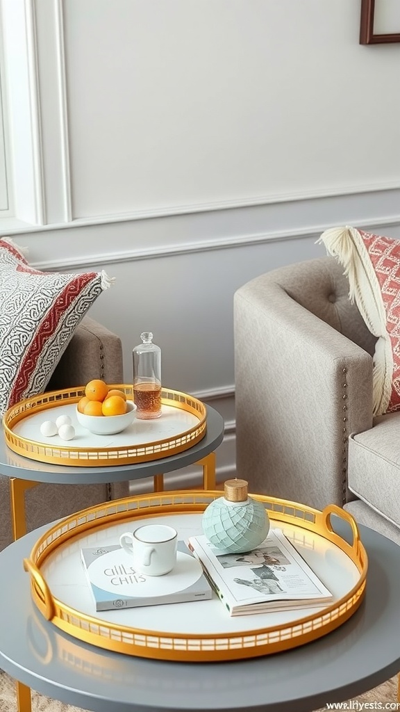 A living room scene featuring grey tables with gold decorative trays, showcasing fruits, a beverage, and a decorative item.