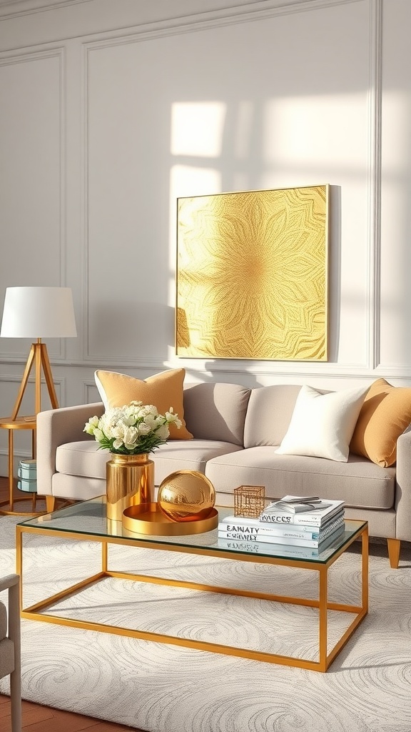 A stylish living room featuring gold decor elements, including a gold wall art piece, a glass coffee table with gold accents, and a soft sofa.