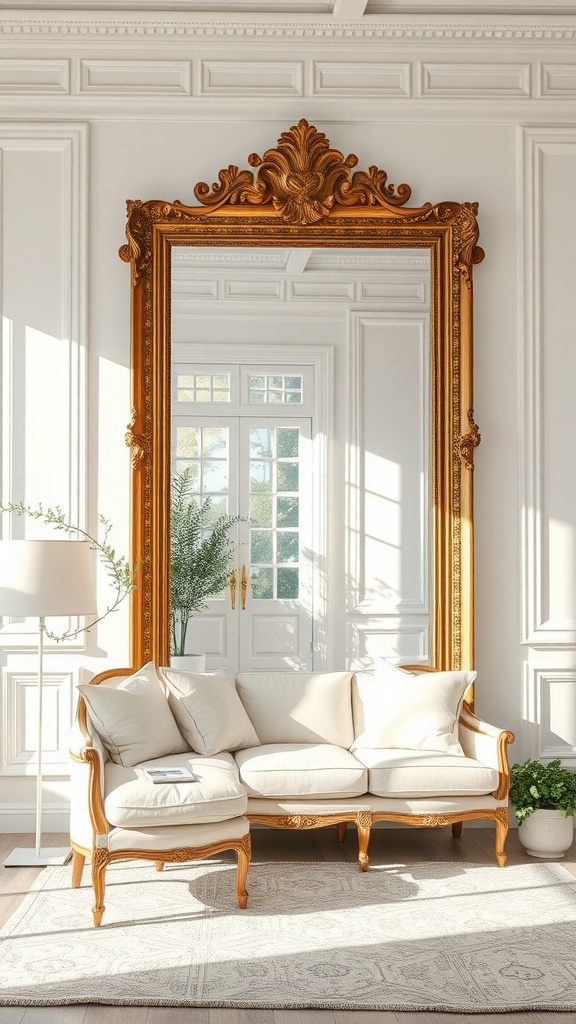 A beautifully designed gold framed mirror reflecting light in a white and gold living room.