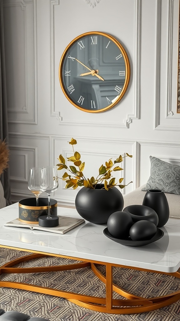 A stylish coffee table featuring gold accents and black decor items, with greenery for a fresh touch.