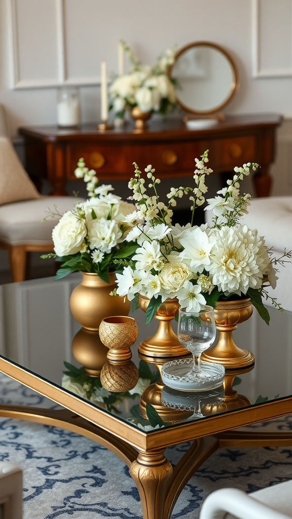 Gold and white living room table decor featuring flowers and elegant glassware