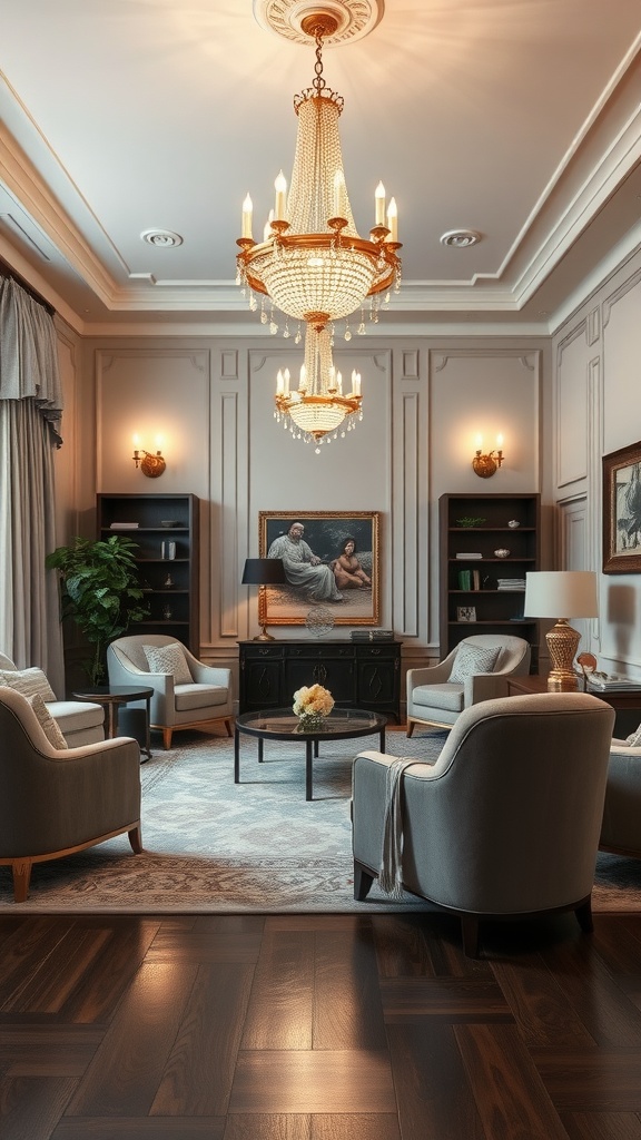 Living room with gold light fixtures and grey decor