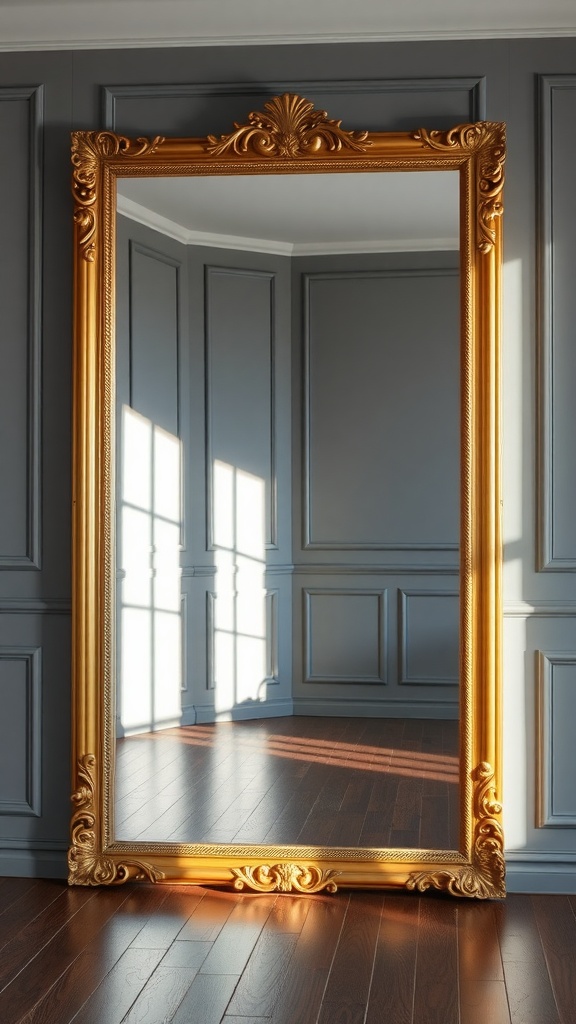 A large ornate gold mirror reflecting light in a room with grey wall panels.