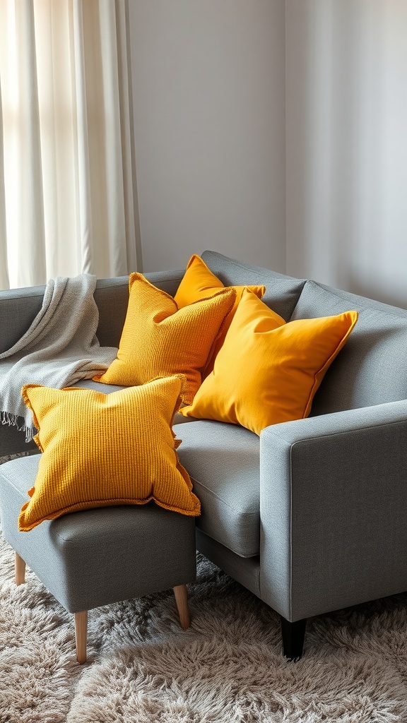 A cozy gray sofa with golden yellow throw pillows, featuring various textures, set against a soft rug.