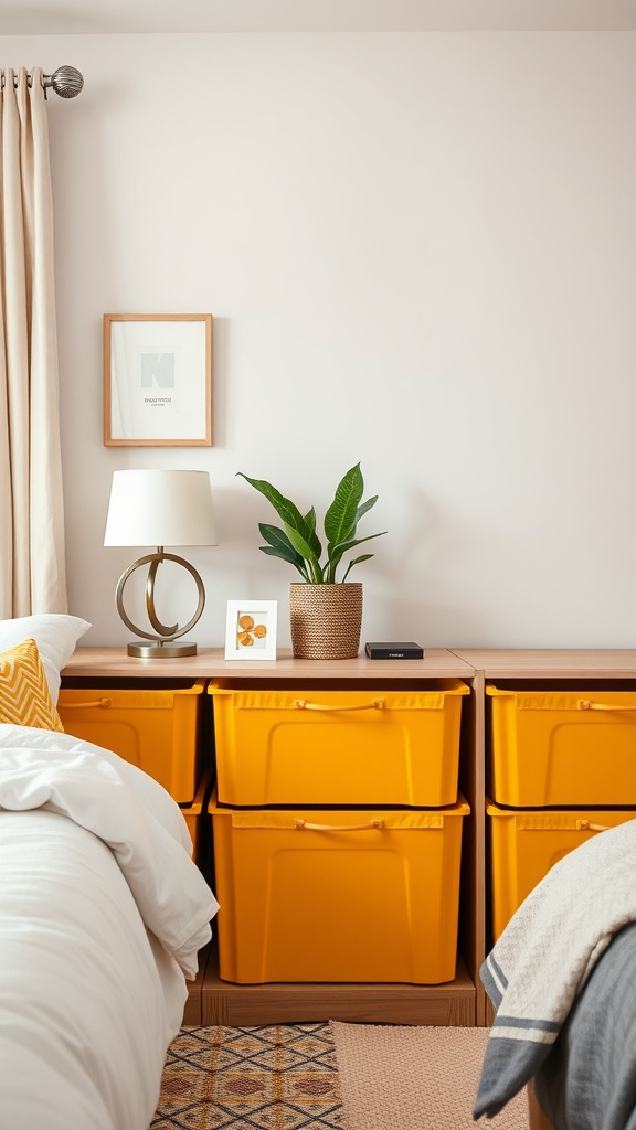 Image of a cozy bedroom featuring goldenrod yellow storage bins under a table, with a lamp and plant