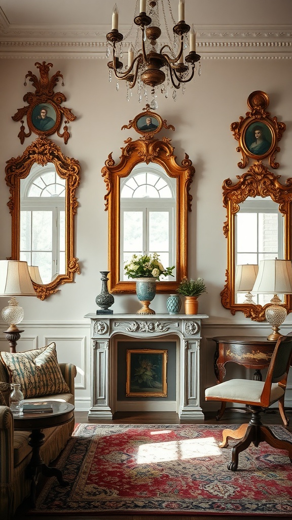 A vintage living room featuring three ornate antique mirrors on the wall, a stylish chandelier, and tasteful decor.