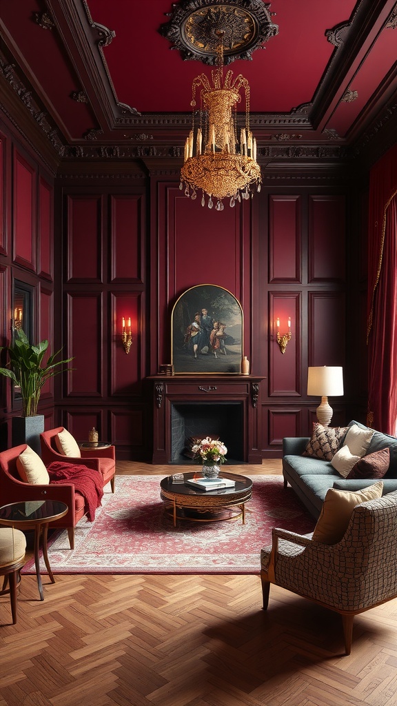 Elegant living room with burgundy walls, chandelier, and stylish furniture