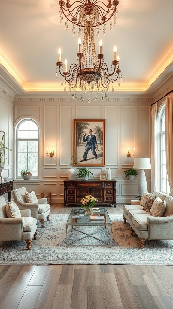 Elegant French country living room featuring a stunning chandelier