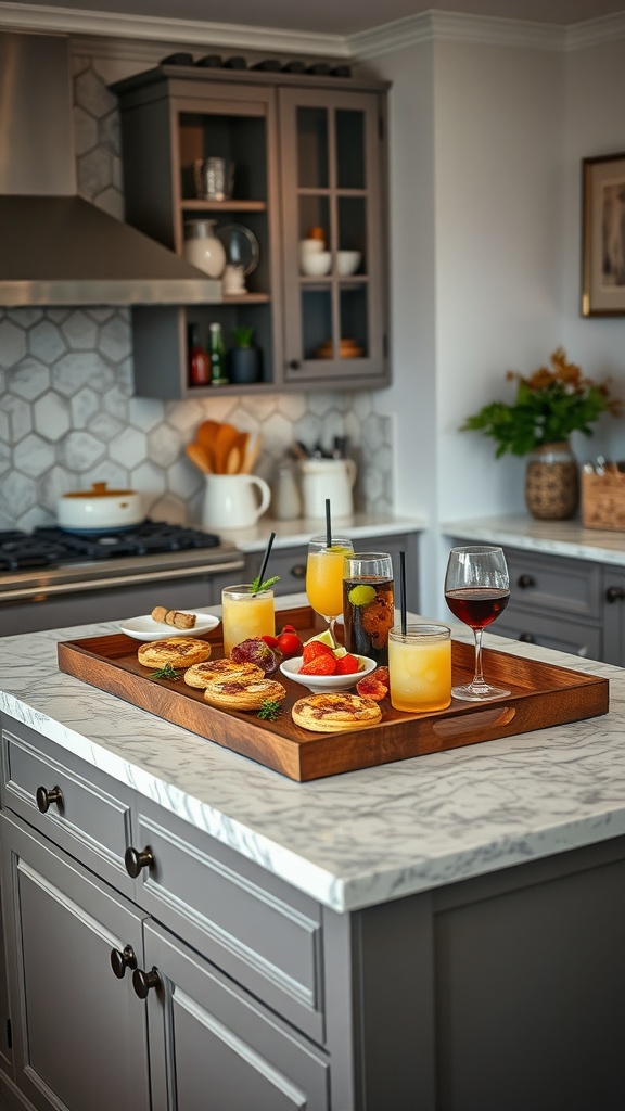 Wooden serving tray with pancakes, strawberries, and colorful drinks on a marble kitchen island.