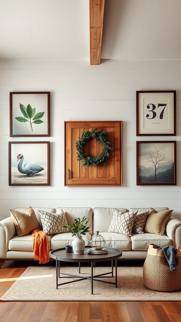 A cozy farmhouse-style living room featuring art on the walls, including botanical prints, a wreath, and a wooden shutter.