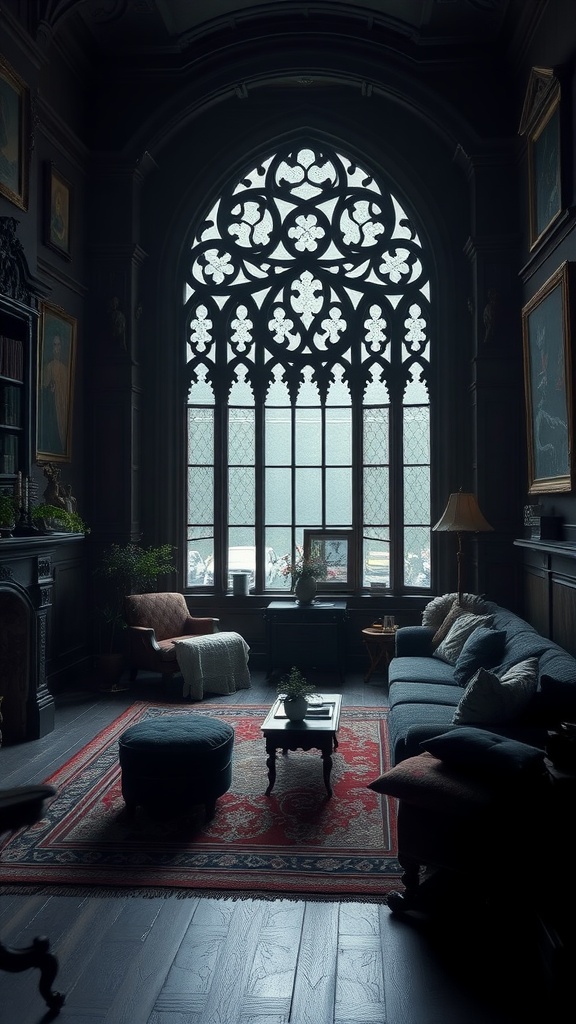 A Gothic Revival living room featuring a large, intricate window, dark wood furniture, and rich textiles.