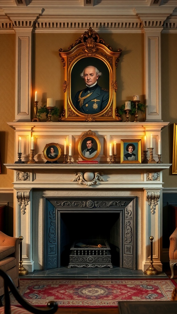 A grand fireplace with ornate mantel, featuring portraits and candles, in a traditional English living room.