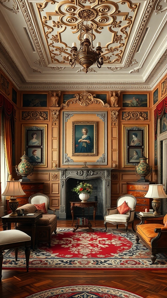 A luxurious traditional living room featuring detailed wood paneling, intricate ceiling design, classic chandelier, and ornate furnishings.