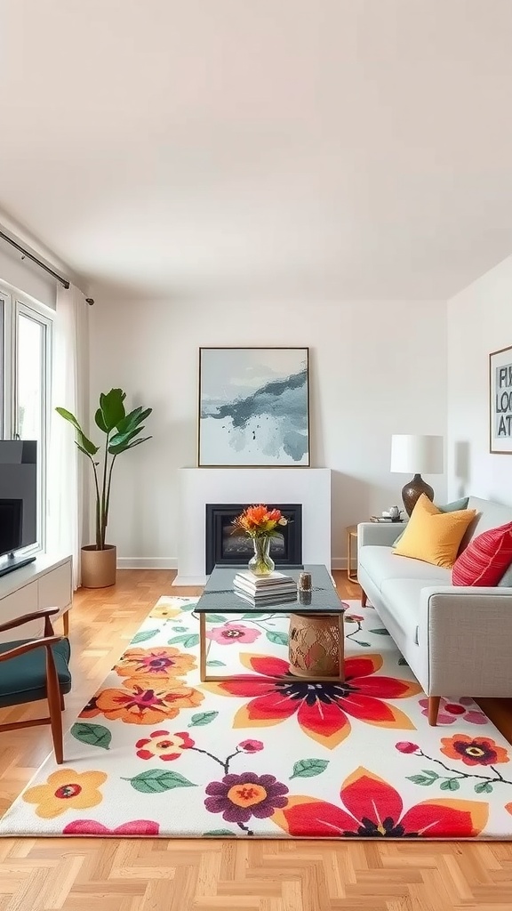 A living room featuring a graphic floral rug with vibrant colors and large floral patterns.