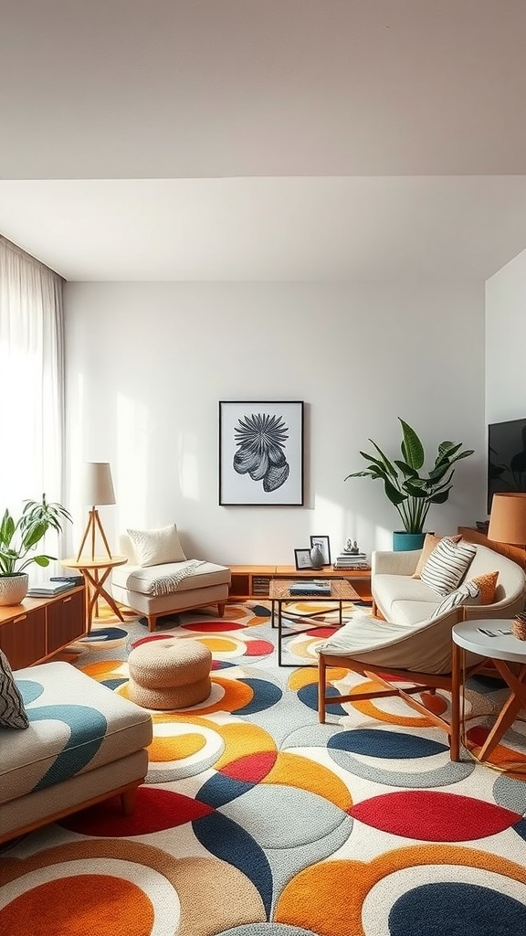 A living room featuring a carpet with colorful graphic prints, complemented by modern furniture and indoor plants.