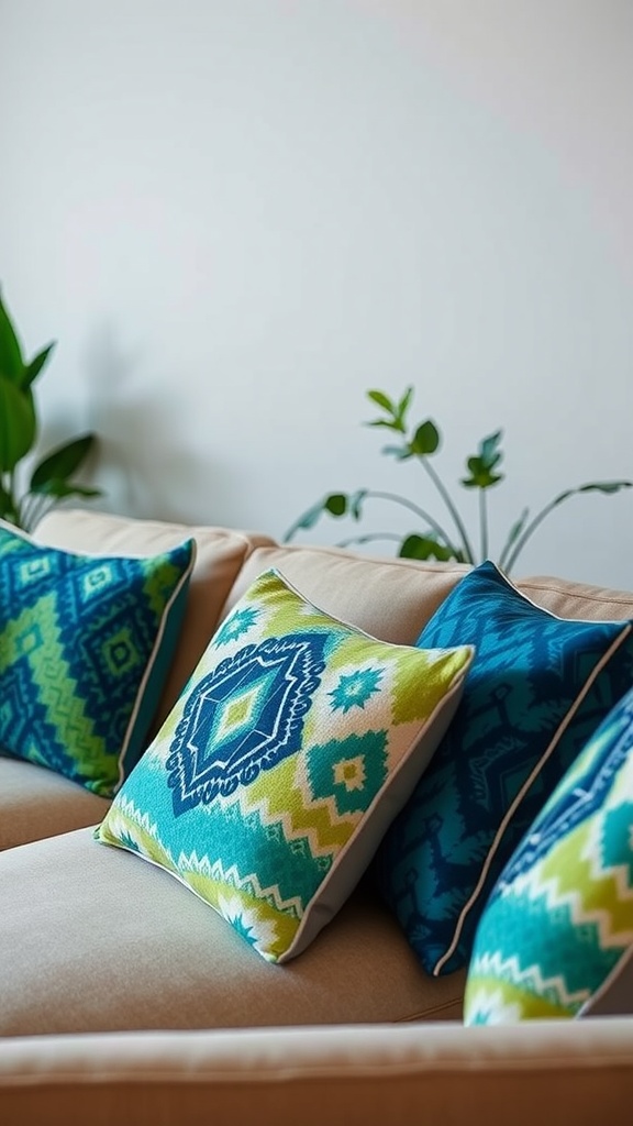 Cozy living room with graphic throw pillows in blue and green patterns on a beige sofa