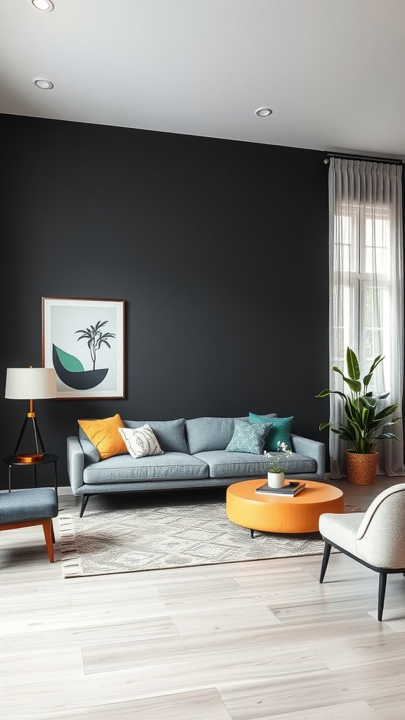 Stylish living room with a graphite accent wall and green decorative accents.