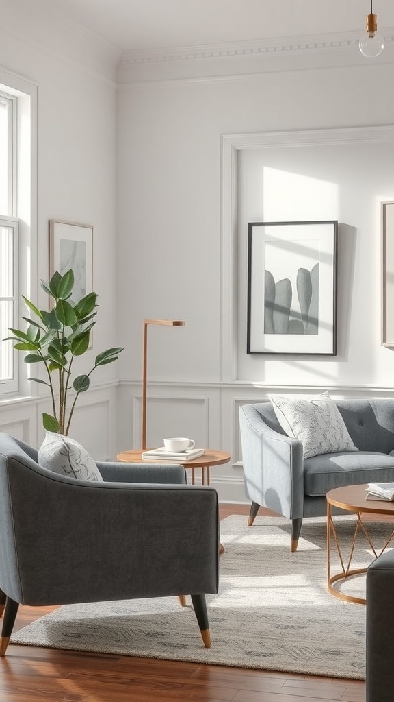 A modern living room featuring gray accent chairs, a wooden coffee table, and a decorative plant.