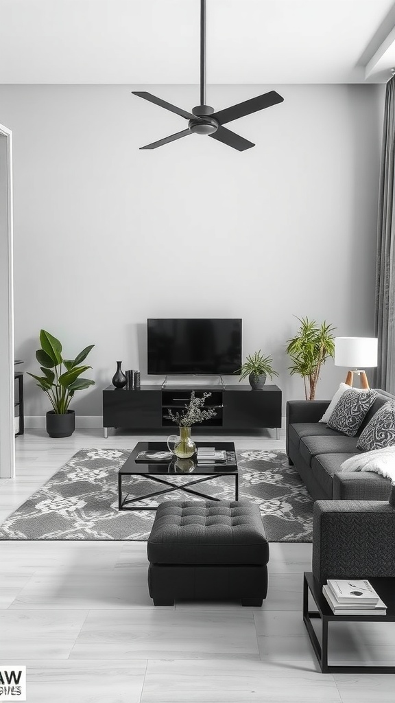 A modern living room featuring gray walls, black furniture, and plants