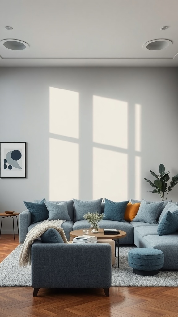 A modern living room featuring a gray sectional sofa with blue cushions, a wooden coffee table, and potted plants.