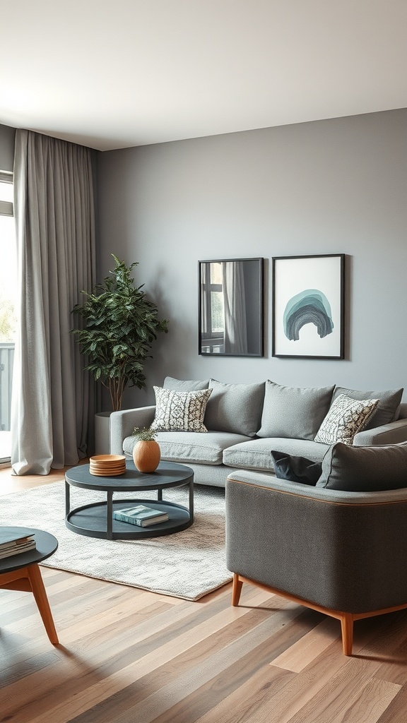 A modern living room featuring gray walls, a gray sofa, wooden accents, and a potted plant