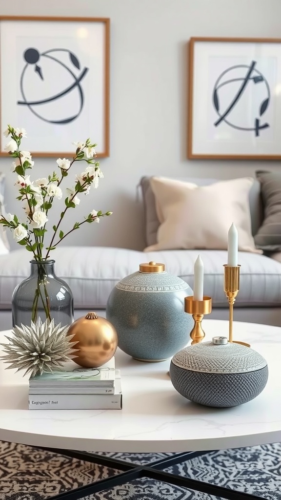 A cozy living room setup featuring a coffee table with gray and gold decor elements, including vases, candles, and textured pots.