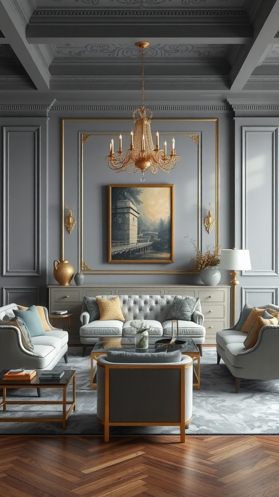 Elegant gray living room with gold accents, featuring plush seating and decorative elements.