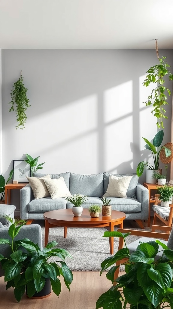 Living room featuring gray walls, gray furniture, and various green plants.