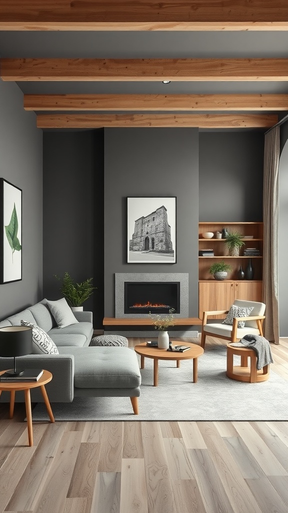 Living room featuring gray walls, wooden beams, and a mix of gray and wooden furniture.