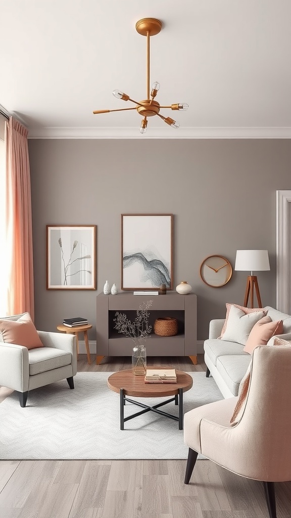 A gray living room with pink accents, featuring a light gray sofa, pink cushions, and modern decor.