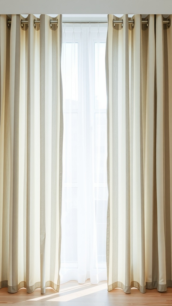 Gray and white striped curtains hanging in a bright living room