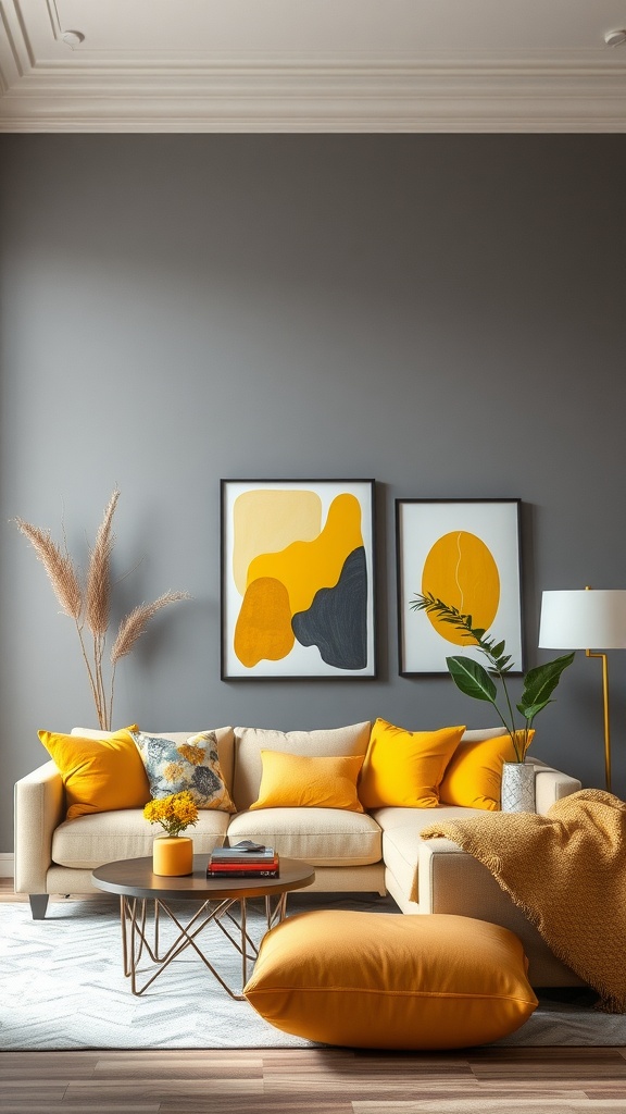 A cozy living room featuring a gray wall, a light sofa with yellow accents, and modern artwork.