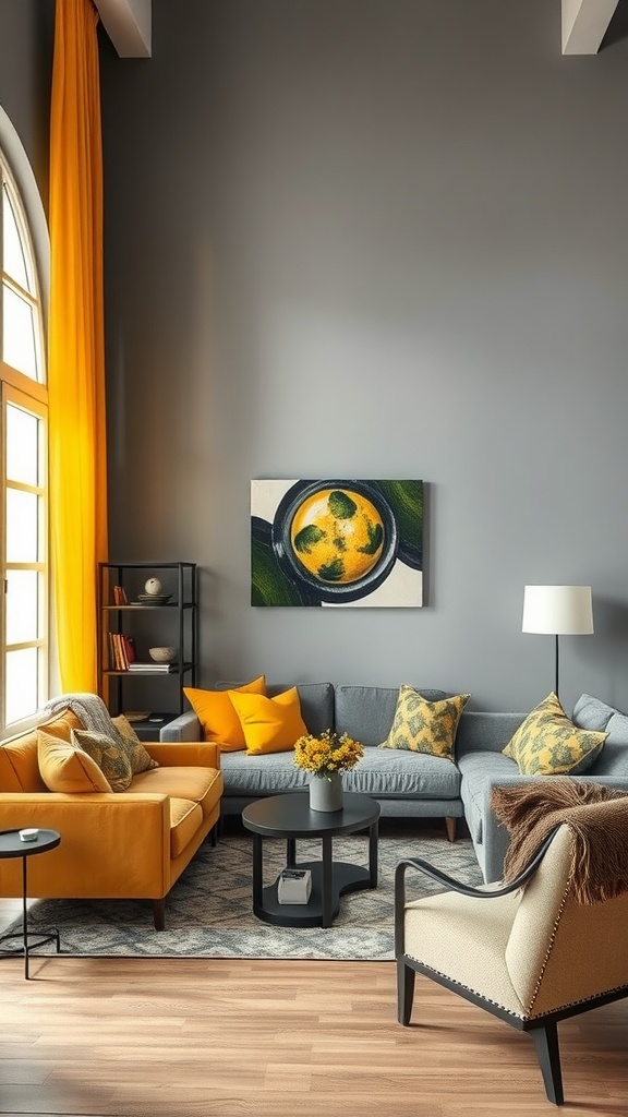 Living room with gray walls and yellow accents, including curtains and pillows.