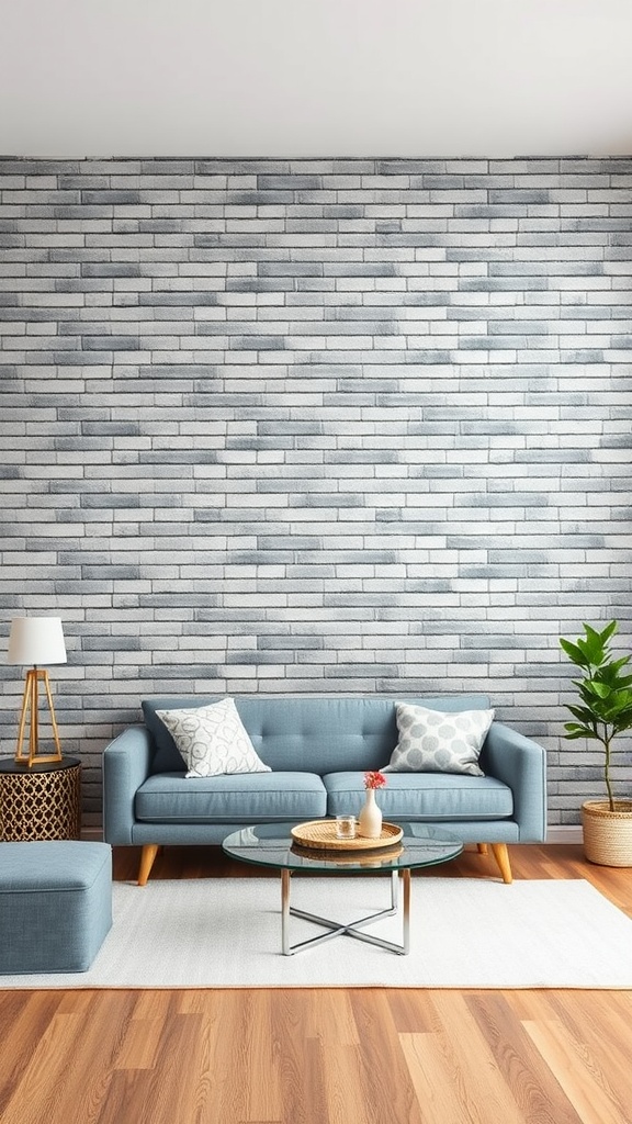 A stylish living room featuring a gray brick wall, blue couch, glass coffee table, and potted plant.