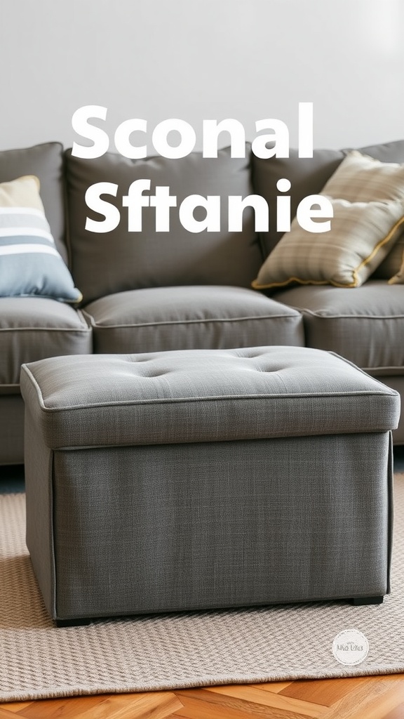 A gray canvas storage ottoman placed in a living room setting with a couch and decorative pillows.