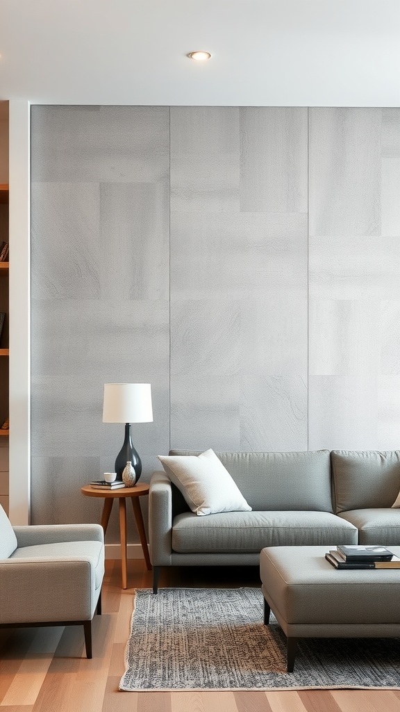 A modern living room featuring gray decorative wall panels, a light gray sofa, a chair, and a coffee table.