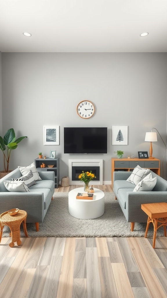 A stylish gray living room with two sofas, a coffee table, and decorative elements.