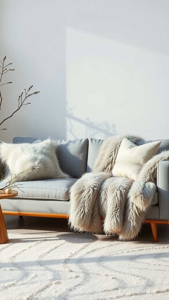 A cozy living room featuring a gray faux fur throw draped over a modern sofa with matching pillows.