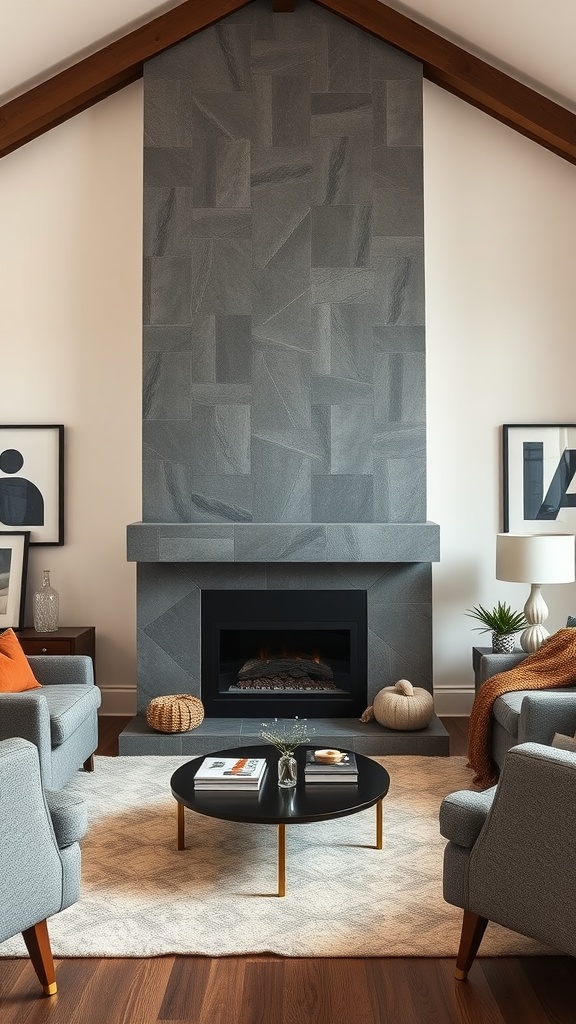 A cozy living room featuring a gray fireplace with a textured stone wall and modern furniture.