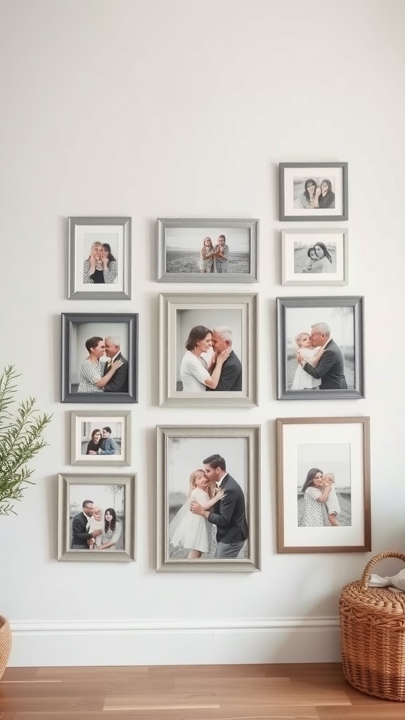 A wall with various gray framed family photos arranged in a stylish layout.