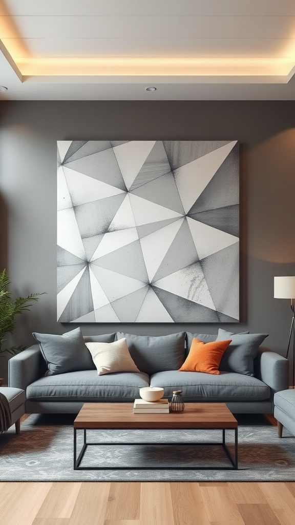 Living room with gray geometric wall art, a cozy sofa, and a coffee table