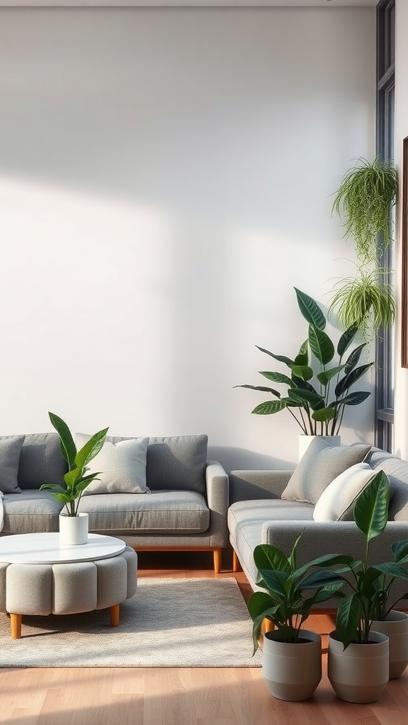 A modern gray living room with stylish sofas and various indoor plants in white pots.