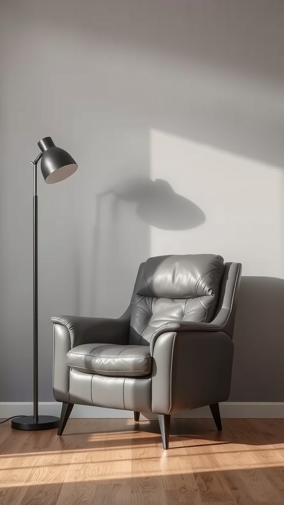 A modern gray leather recliner chair next to a floor lamp, set against a light gray wall.