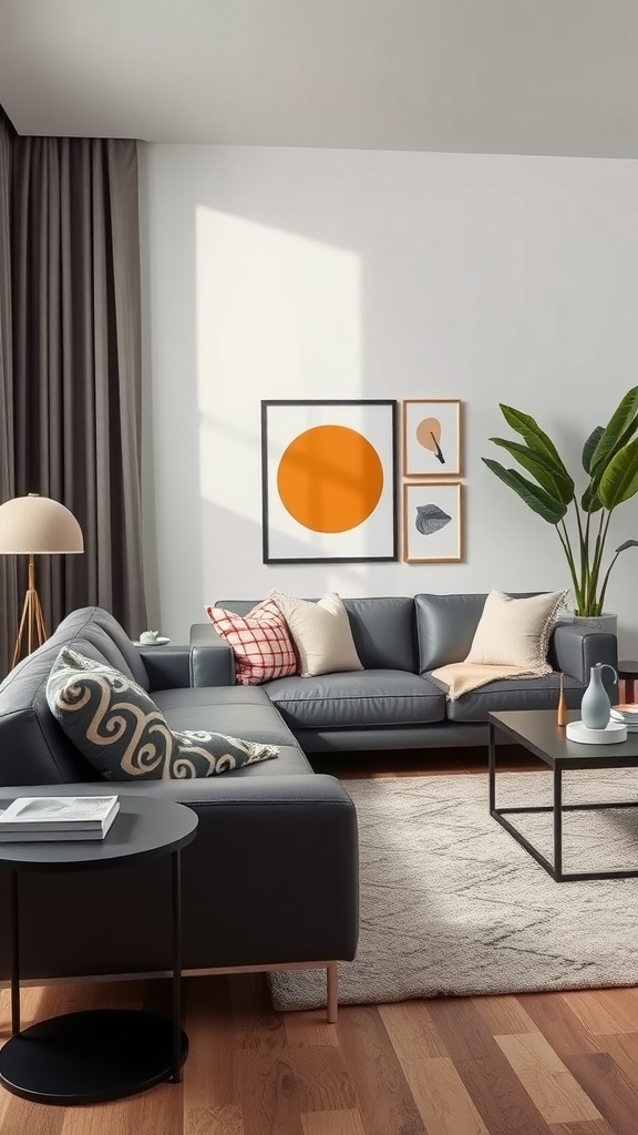 A modern living room featuring a gray leather sofa with decorative pillows, a coffee table, and stylish artwork.