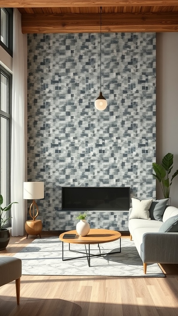 Living room featuring a gray mosaic tile accent wall, sleek fireplace, and modern furniture