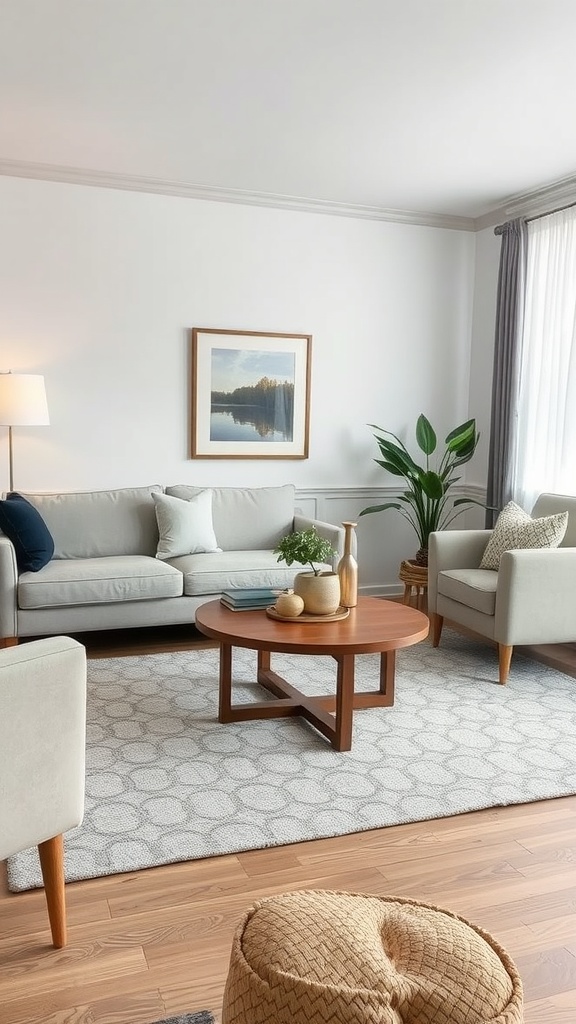 Living room featuring a gray patterned area rug, light gray sofa, wooden coffee table, and plants.