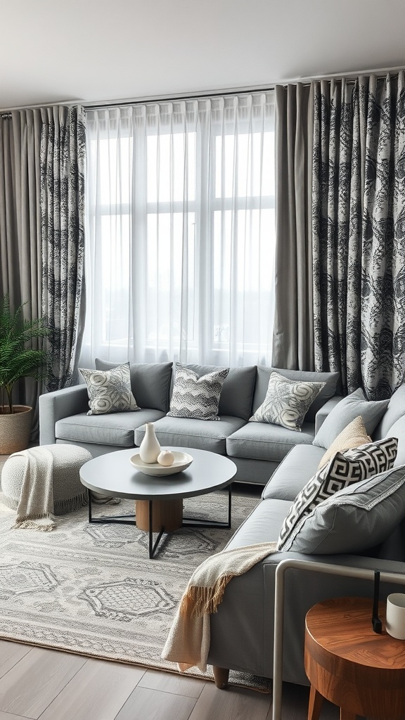 A stylish gray living room featuring a gray sofa with patterned cushions, patterned curtains, and a decorative area rug.