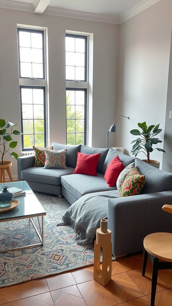 A cozy living room featuring a gray sectional sofa with red pillows, a glass coffee table, and large windows.